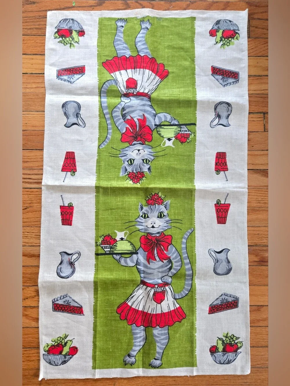 Vintage Pure Linen Parisian Prints Tea Towel Anthropomorphic Cat Waitress 70s